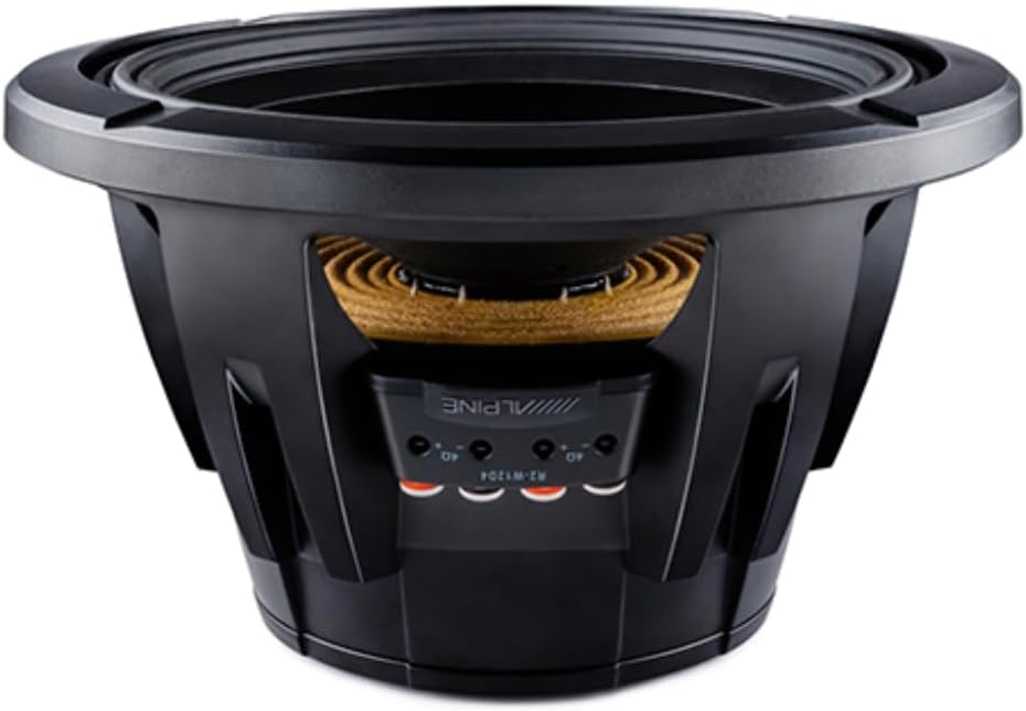 Rear view of the Alpine R-Series R2-W12D4 subwoofer showing the dual voice coil terminals