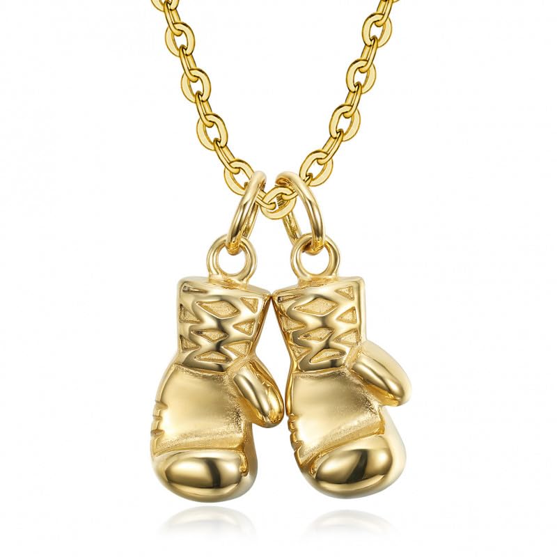 Collier gant de boxe acier inoxydable pendentif double doré pour homme
