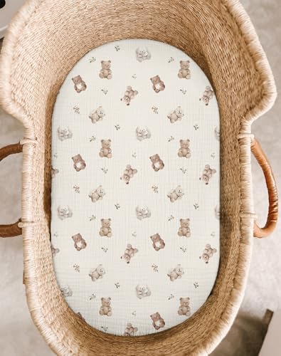 Image of Bassinet Sheet for Baby Boy and Girl 2 Pack, Fitted Sheets for Rectangle, Oval, Hourglass Bassinet Mattress, Muslin Moses Basket Sheets with Neutral Style (Teddy & Friends)
