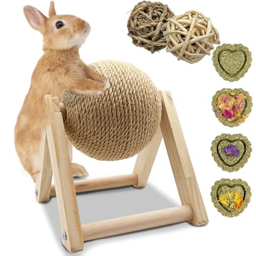Niwaes Bunny Scratch Toy-Rabbit Toys for Bunny Claw Scratcher, Natural Sisal Pet Scratching Activity Ball, Wooden Small Animals Boredom Breaker for Indoor Ferrets Chinchillas (Small)