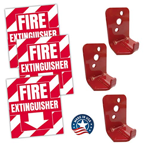 Fire Extinguisher Sign Sticker Bracket Wall Mount - Pack of 3 Self Adhesive Decals Weatherproof UV Protected AND 3 5 lb Hooks