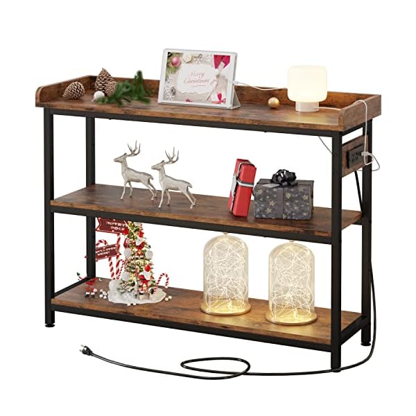 IRONCK Console Table, Sofa Table with Power Outlet, 43" Farmhouse Hallway Table for Entryway, Living Room, Height Adjustable, Easy Assembly, Rustic Brown