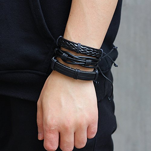 Image of PU Leather Multilayer Black Handcrafted Stylish Unisex Bracelet(set of 6)