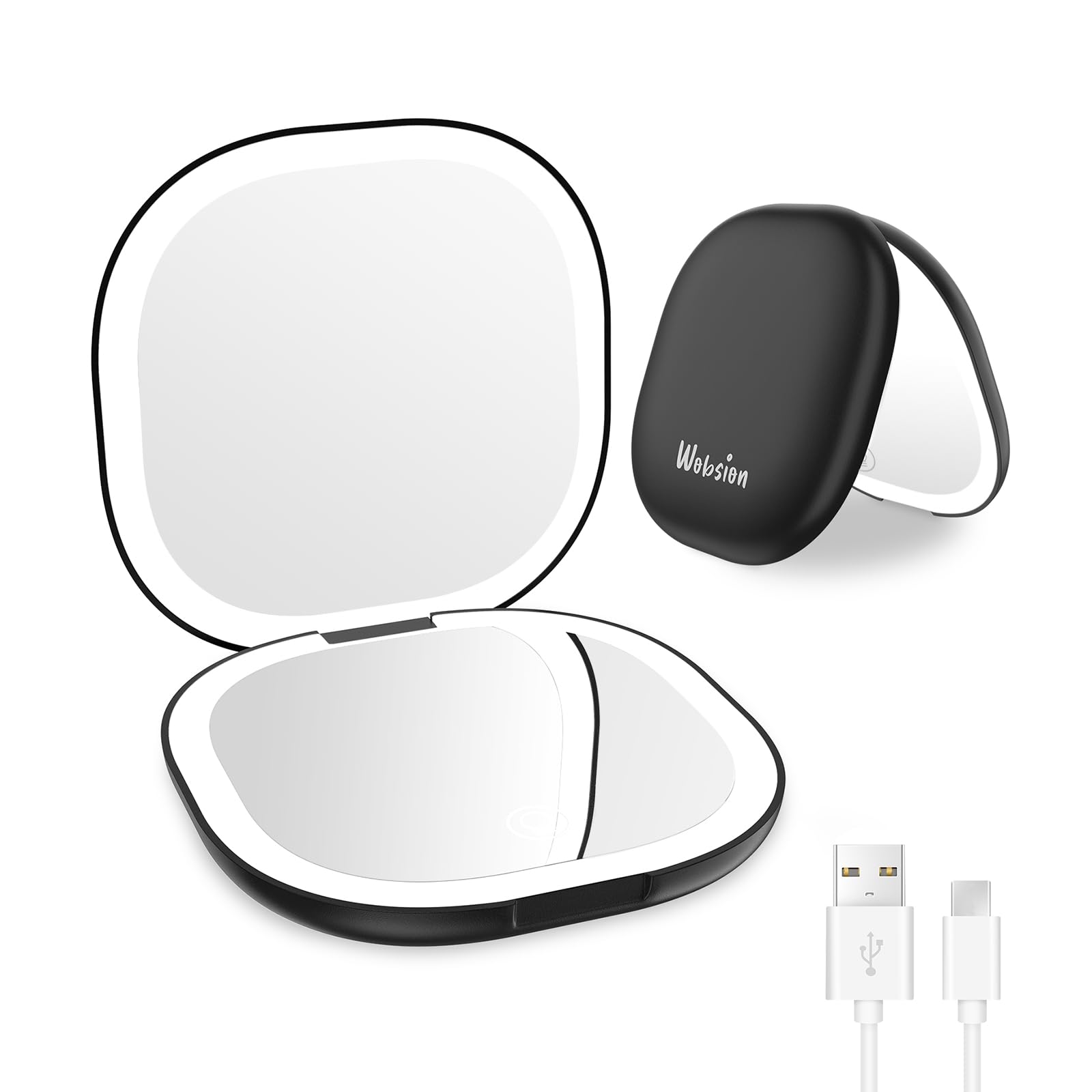 WOBSION Travel Mirror with Light, Rechargeable 1x/10x Compact Magnifying Mirror, Dimmable Pocket Mirror,3.5 inch,Portable for Handbag,Purse,Gift,Black