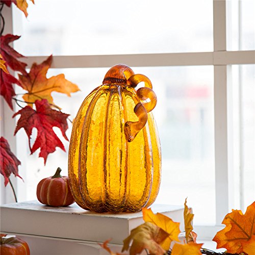 Glitzhome 9.06" Hand Blown Amber Crackle Glass Pumpkin For Fall Harvest Decorating #TOP2