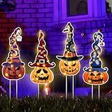 Leinuosen 4 Set Halloween Yard Signs, Pumpkin Garden Stakes with Witch Hats Jack O' Lantern Pumpkin Outdoor Decor Plastic Halloween Art Stake for Garden Lawn Patio Porch Party Decorations