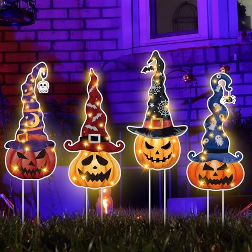Leinuosen 4 Set Halloween Yard Signs, Pumpkin Garden Stakes with Witch Hats Jack O' Lantern Pumpkin Outdoor Decor Plastic Halloween Art Stake for Garden Lawn Patio Porch Party Decorations