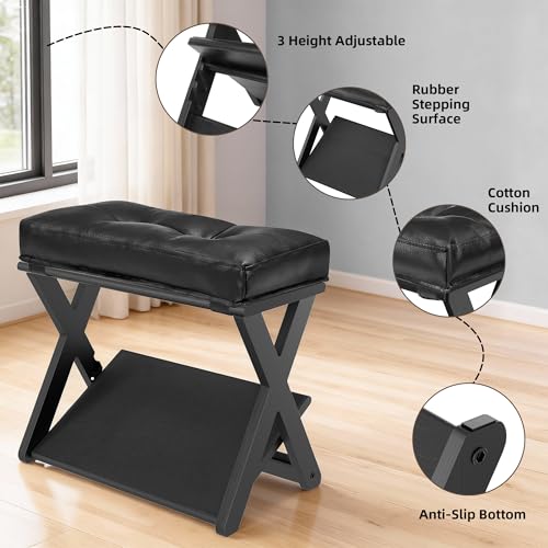 Image of Adjustable Height Foot Rest Under Desk at Work, Double Step Wooden Under Desk Footrest, Non-Slip EVA Surface, Office Foot Stool for Posture Support, Leg Relief, Home Office & Gaming-Black