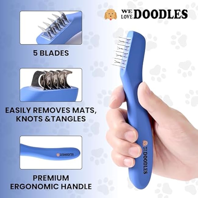 We Love Doodles Dematting Comb for Dogs - Dog Hair Mat Remover, Detangler Comb & Deshedding Tool, Removes Tangles, Knots, & Loose Hair, Metal Comb, Ergonomic Handle Family (5 Blades)-uQPTMHma