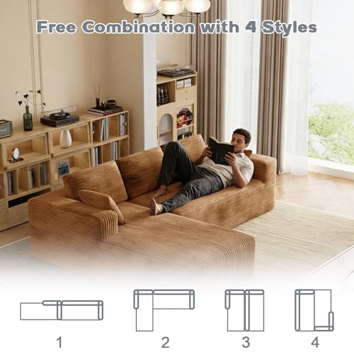 Image of 106 inch Corduroy Sectional Couch, Boneless L Shaped Couch with Deep Seat, Cloud Foam Sofa with Oversized Chaise, Sectional Sofa No Assembly Needed for Living Room