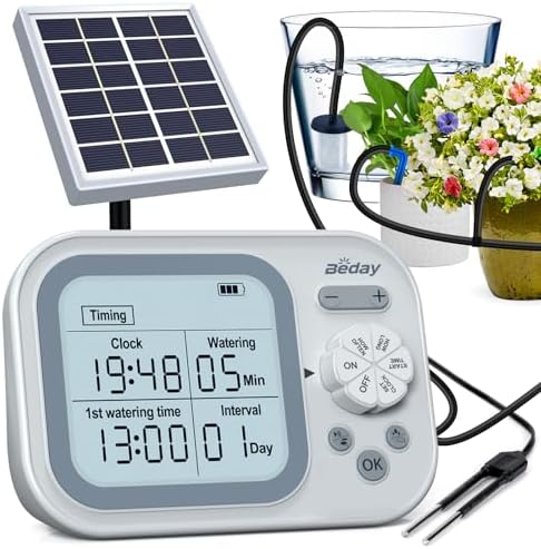 beday Solar Automatic Drip Irrigation System,Independent Timer,Watering Kit System for 15 Potted Plants,Suitable for Watering Potted Plants in Indoor,Gardens and Balconies(with Anti-Siphoning Device)