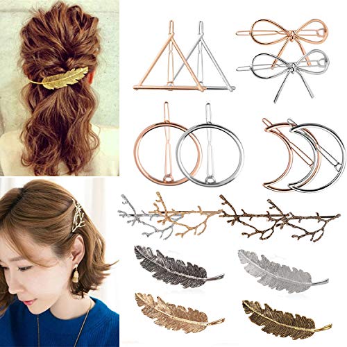 Fashion Hair Clips Set, Coxeer 16PCS Acrylic Resin Hair Clips Artificial Feather Hair Barrette Hair Accessories Hollow Geometric Hair Clip Hairpins for Women Ladies and Girls Headwear Styling Tools