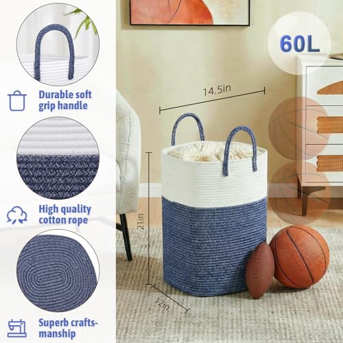 Image of Laundry Basket,Woven Cotton Rope Laundry Hamper,Versatile Storage for Dirty Clothes,Baby Toys,and Blankets in Bathroom, Nursery,and Living Room (Blue, 60L)