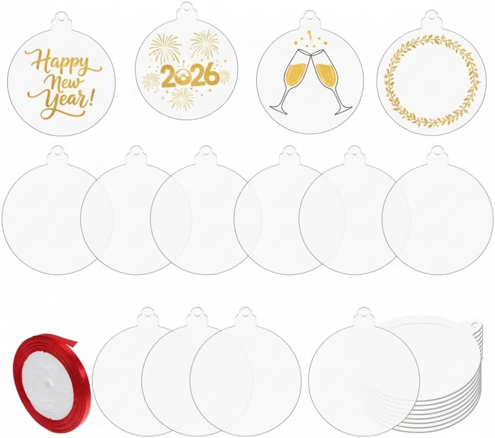 Hemobllo 4 in Versatile Acrylic Ornament Blanks for New Years Eve Decorations- 18 pcs Flat Craft Ornaments with Red Rope for Valentine's, Easter & Holiday Decorations Engraving Painting