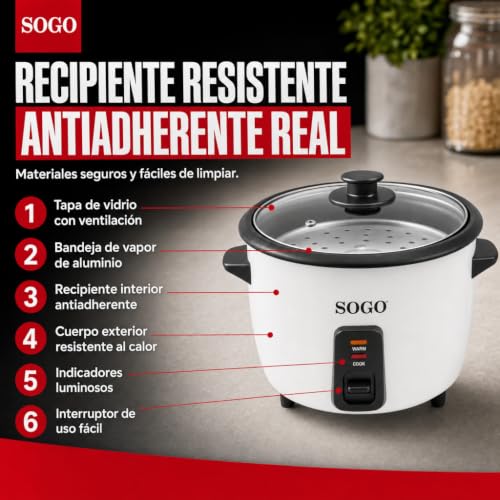 Miniatura 5 de Sogo Arrocera Eléctrica 1,5l Blanca Para Cocina Saludable - Olla Arrocera Eléctrica Antiadherente Con Función Mantener Caliente - Rice Cooker Compacta Ideal Para Arroces De Precisión Y Sushi