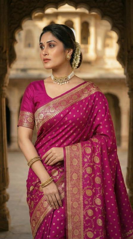 Image of C J Enterprise Women's Pure Soft Silk Saree With Blouse Piece For Wedding (Jiya)