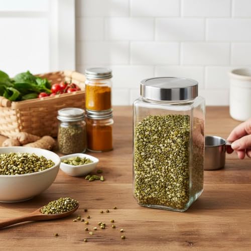 Image of Glassbunny Cube 4000ml Glass Square Shape Transparent Jars & Containers for Kitchen Pantry, Snacks, Masala, Pickles, Coffee Beans Storage with Steel See Through Lid 1Pc