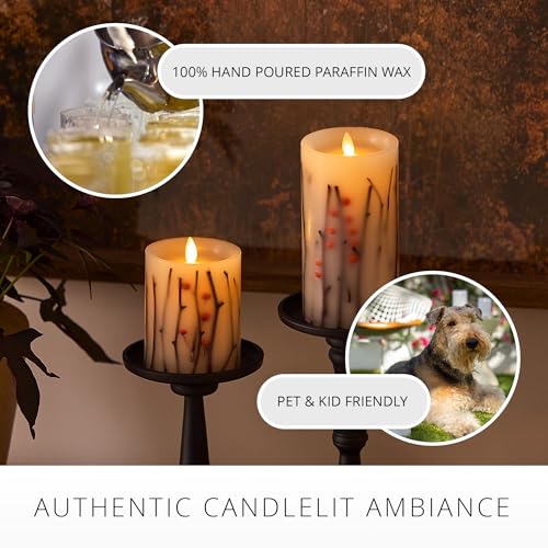 Image of Luminara - Flameless Flickering Moving Flame Battery Operated Unscented Candle LED Decor & Gift- Embedded Pillar Collection (Orange Berries & Twigs, 3.2 inch x 6.5 inch)