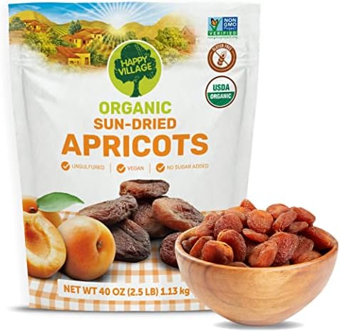 Happy Village Organic Turkish Dried Apricots, No Sugar Added Dried Fruit, 40 OZ Resealable Pack - Kosher, Non-GMO, Unsweetened, Unsulfured, Vegan Sun-Dried Apricot
