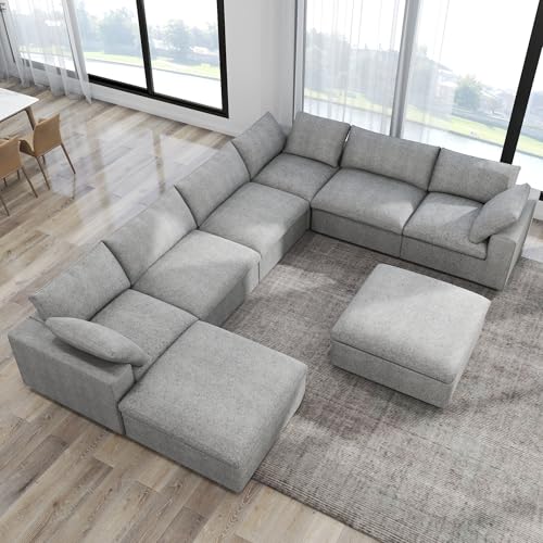 Image of 160 inch Cloud Sectional Couch, Overzised Down Filled Couch, 8 Seater Convertible Modular Cloud Sofa for Living Room, Minimalist Deep Seat Modern Couches,Sofa Cover Removable, Grey