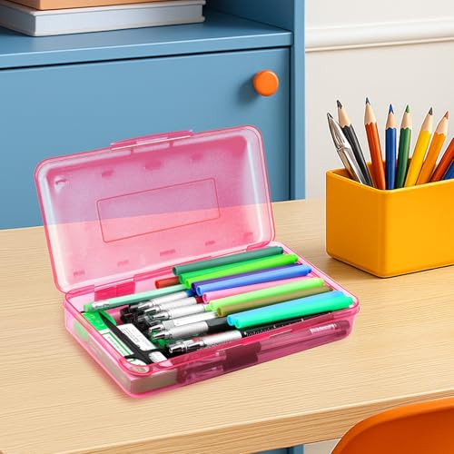 Image of Pink Clear Large Plastic Hard Pencil Box Case for Girls Boys, Crayon Box for School Supplies and Office Supplies