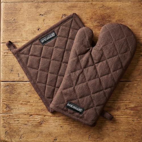 Image of Encasa XO Heat Resistant 100% Cotton Oven Glove & Potholder Set with Loop, Kitchen Cooking Mittens, Microwave Safe Hot Pads (Dark Taupe & Beige)