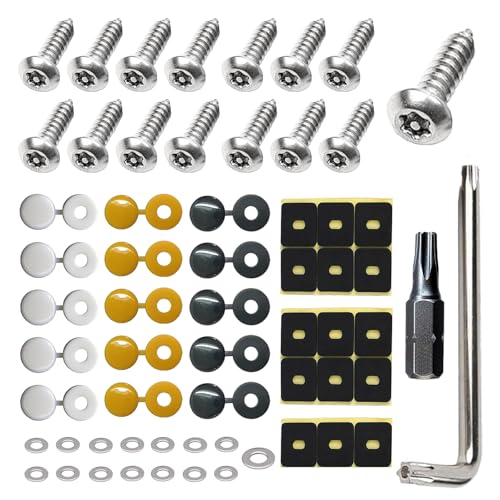 Car Anti Theft Number Plate Screws Fixing Kit, M4 Stainless Steel Number Plate Fixings with Plastic Screw Caps and Security Screws for Cars Motorcycles Trucks