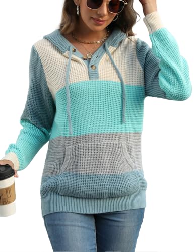 Image of CiCiBird Women's Fall Hoodies Sweater V Neck Waffle Knit Top with Pocket | Loose Fit, V Neck Button, Adjustable Drawstring, Long Sleeve, Kangaroo Pocket, Weekend Errands, Daily Wear, Work Casual