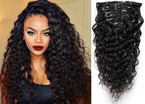 22" Water Wave Curly Clip in Human Hair Extensions Natural Black 7 Pcs 120g Wavy Remy Clip in Hair Extension for Black Women Natural Curly Hair Clip ins