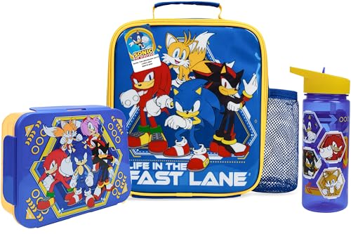 Get Trend Sonic the Hedgehog Lunch Bag, Lunch Box, Water Bottle for Kids 3 Piece Set Bento Box, Insulated Snack Container, Shadow Gifts for Kids (Multi Sonic)