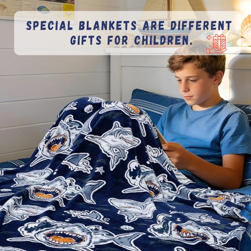 Image of Twin Blanket for Couch & Bed, Large Soft Warm Plush Fleece Shark Throw Blanket for Boys, Cute Funny Coastal Ocean Themed Decor for Bedroom Home Living Room, 60 inchx80 inch