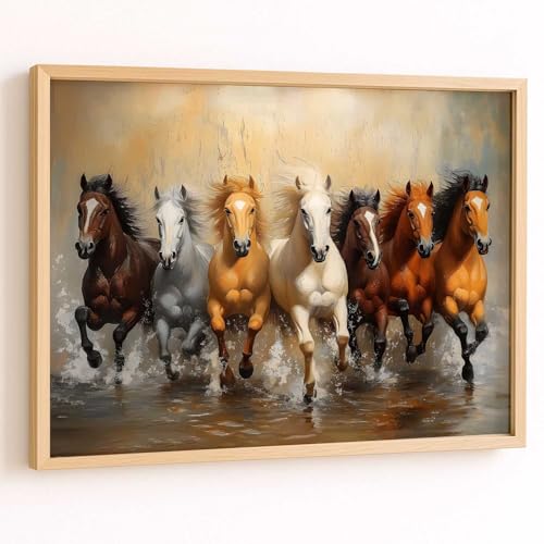 Image of HOTHOUSE Seven Running Vastu Lucky Horse Painting | 7 Horses Vastu Frame Wall Art Painting for Living Room Bedroom Office Home Decor Wall Decor Size (10X13 inch)