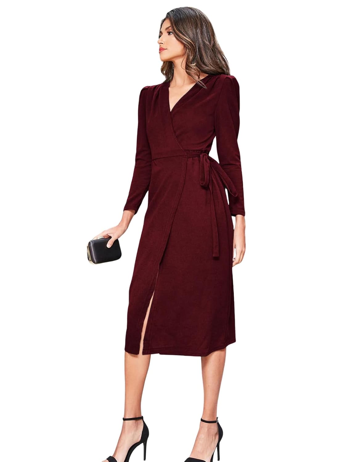Roseary Paris Women’s Belted Wrap Midi Dress with Puff Sleeves – Surplice Neck High Waist & Flared Hem | Long Dresses for Women