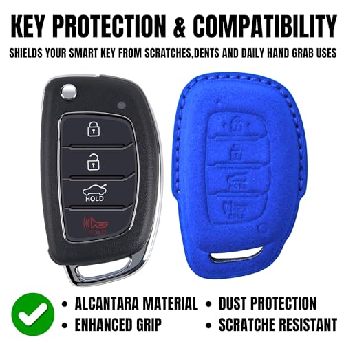 Image of KMH Alcantara Car Key Cover Compatible with Hyundai Alcazar Creta 2022 Venue i20 Tucson Elantra Smart keycover with Keychain 4 Button Shell Case Key Smart Keycover with Keychain (D2) Blue - Pack of 1