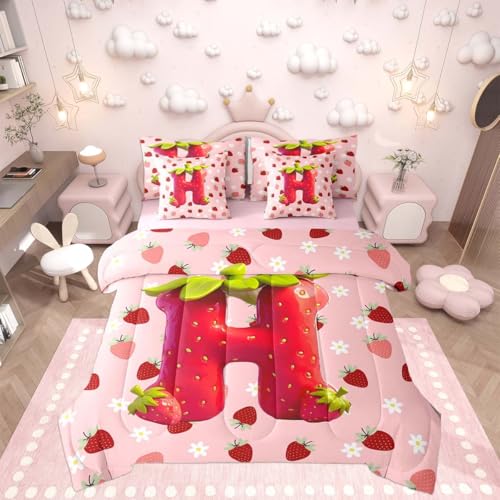 Image of Feelyou Girls Strawberry Full Comforter Set with Sheets for Kids Boys Girls Pink Strawberry 7 Pieces Bedding Set Initial Letter H Bed in a Bag Room Decor Soft Lightweight Microfiber