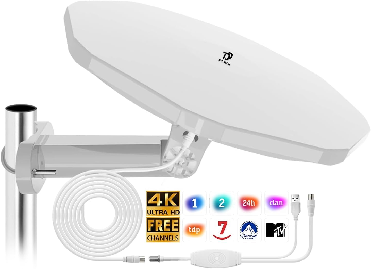 Antena TV Exterior Potente TDT Digital, Compatible con Antena TV Interior Potente, al Aire Libre con Recepción Omnidireccional 360°,Canales Locales 4K 1080P, Cable Coaxial de 32,8ft