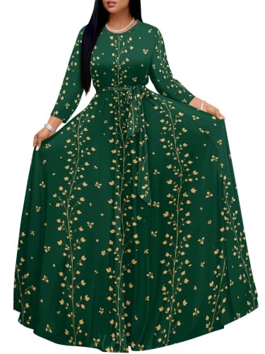 Image of Women Plus Size Long Sleeve V Neck Maxi Dress with Belt | Soft fabric relaxed fit three quarter sleeve v neck with pockets for party and daily wear