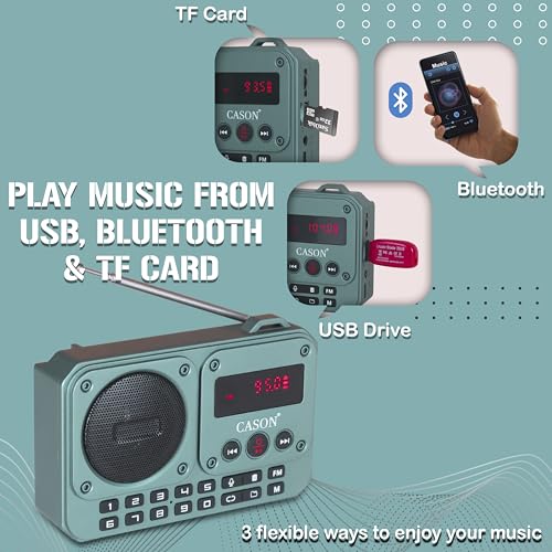 Image of Cason FR11- Portable Fm Radio Pocket Radio with USB and Bluetooth Mini Radio Speaker - LCD Display,Number Pad,Type C Charging,Headphone Jack,SD Card,USB Input(Green)