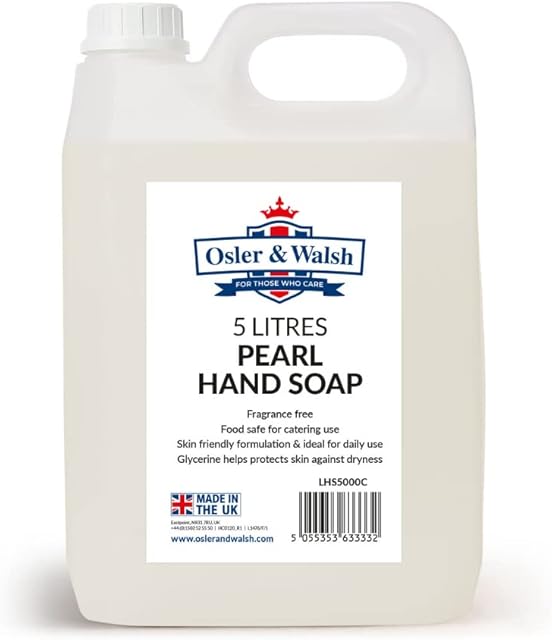 Osler & Walsh 5 Litre Pearl Hand Soap, Fragrance Free Hand Wash for Kitchens, Catering, Home, School, Hydrates & Softens Skin, Chemical-Free, Non-Sticky Liquid Hand Soap Protects Skin From Dryness