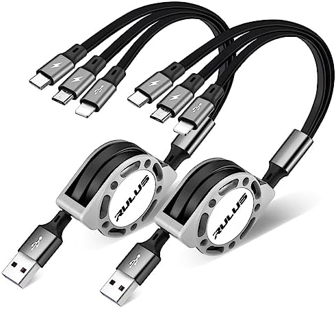 2 Pack Rulus 4Ft 3.0A Retractable Multi USB Charger Cord, Multiple Charging Cable 3-in-1 USB Charge Cord with Type-C/Micro-USB Port Compatibility with Cell Phones/Galaxy S10/S9/S8/S7/Huawei/LG (Gray)
