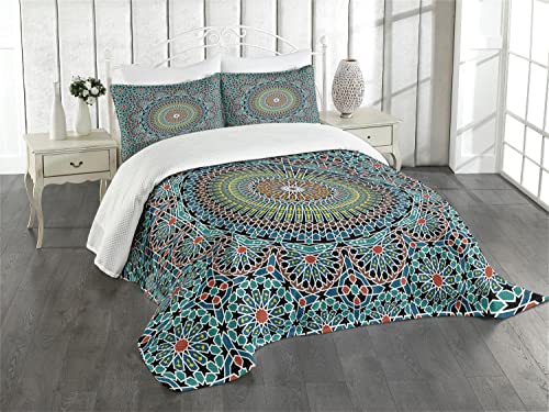 Lunarable Geometric Bedspread, Traditional Middle Eastern Style Moroccan Culture Design, Decorative Quilted 3 Piece Coverlet Set With 2 Pillow Shams, King Size, Blue Ruby #TOP20
