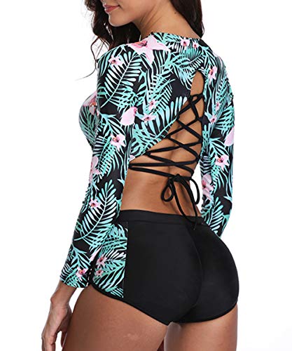 Century Star Two Piece Swimsuit Long Sleeve Lace Up Back Swimwear Crop Top Tankini Bathing Suit for Women A Floral Print (Leaf) 6-8