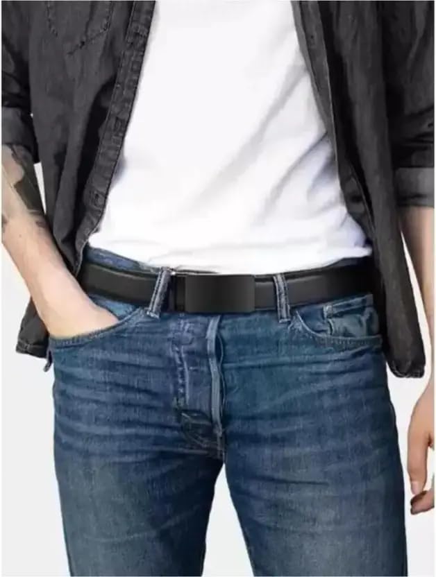 Image of TPM Men's Leather Belt with Automatic Buckle, Black, Ratchet Design, Formal Business Dress Belt, Adjustable