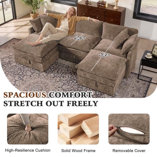 Image of Ihanherry 103 inch Modular Sectional Sofa with Storage, U Shaped Cloud Couch with Movable Ottomans & 4 Pillows, Chenille Deep Seat Sectional Couches for Living Room, Apartment (Brown)