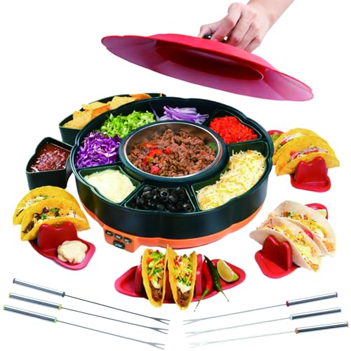 Taco Tuesday Kit – Set Bar de Tacos Eléctrico 1000ml con Control 3 Temperaturas, Lazy Susan, 6 Recipientes Extraíbles & 4 Soportes, Ideal para Fiestas & Fajitas