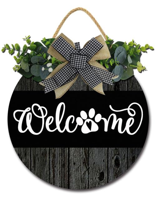 Geroclonup Pawprint Welcome Front Door Sign Paw Prints Wood Door Hanger Funny Porch Decor Farmhouse Wooden Wreath Indoor Wall Hanging Decoration for Pet Lover Owner Gifts 30cm