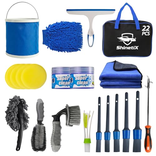 ShinetiX 22 PCS Car Cleaning Kit Car Detailing Kit with Brushes Bucket Wash Mitt Towels & Cleaning Gel Complete Car Wash Kit & Car Cleaning Products for Interior & Exterior
