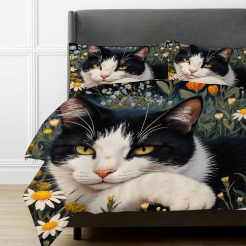 Linge de lit de haute qualité 140x200 cm chat noir blanc premium - 4