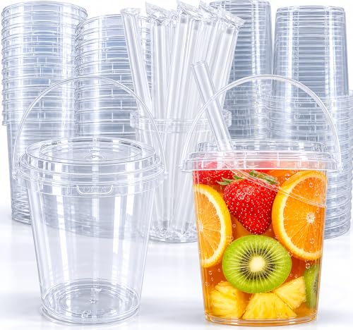 30 Sets 34 oz Drink Buckets with Lids and Straws Reusable Clear Plastic Party Cups Disposable iced Coffee Cups with lids for Iced Smoothies Milkshakes lids for Lemonade Pool and Beach Parties