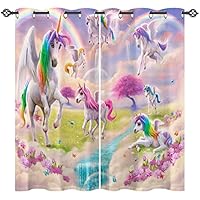 ANHOPE Unicorn Curtains Eyelet Ring Top Thermal Insulated 80% Blackout Curtains with Rainbow Unicorn Flower Print Pattern Window Drapes for Kids Girls Bedroom Living Room 46 x 54 Inch Drop 2 Panels